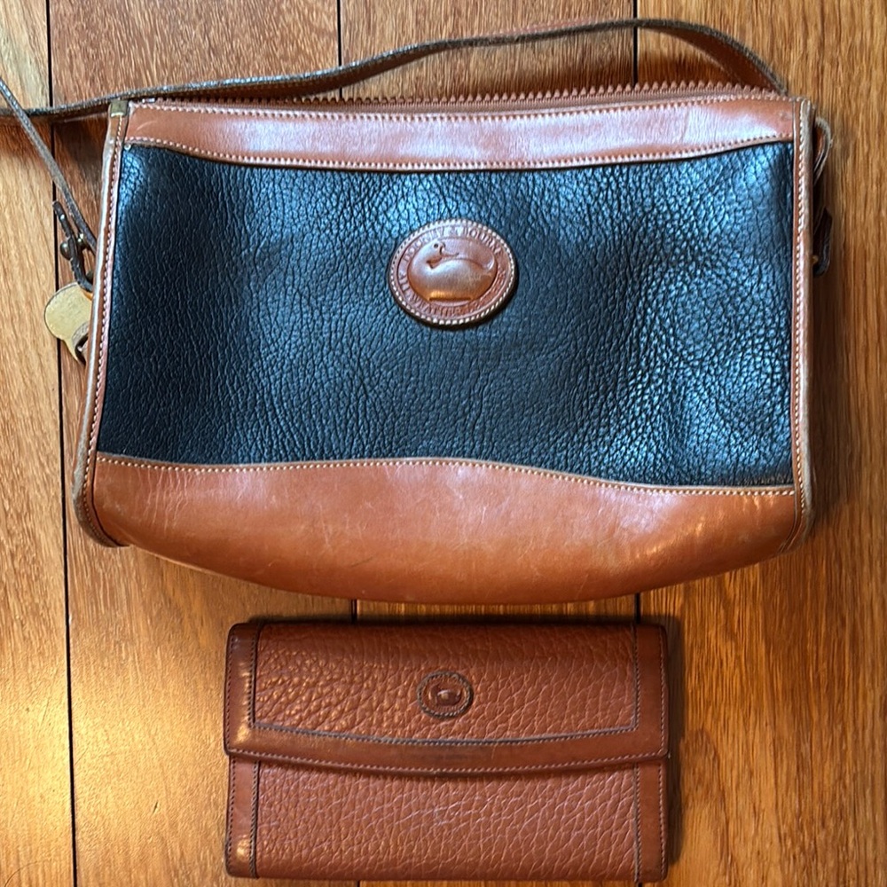 Brown and Black Leather Shoulder Bag and Wallet Set